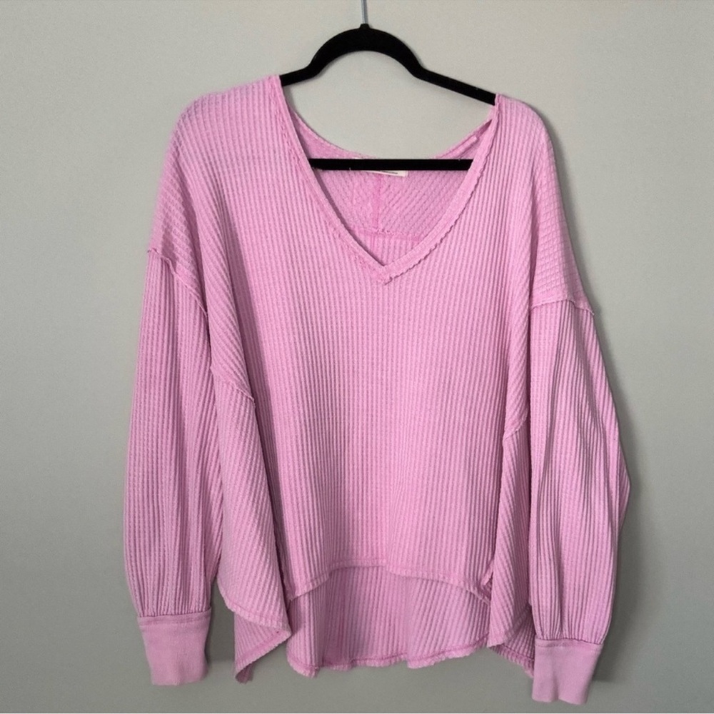 We The Free Pink Waffle Knit Long Sleeve V-Neck Top